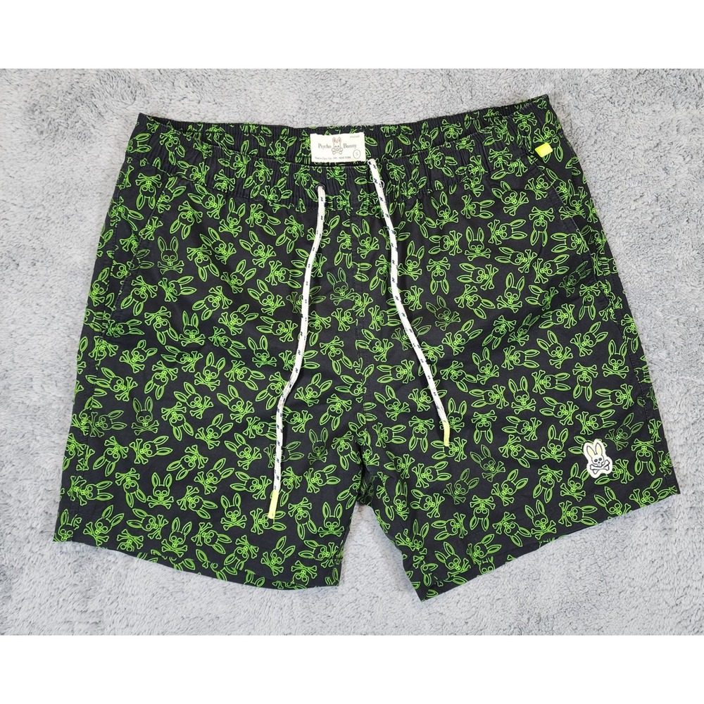 Psycho Bunny Swim Trunks Mens S Shorts Black Green Skull Bunny Logo 5" Inseam - Picture 1 of 10